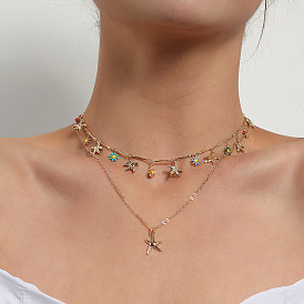 Stylish Alloy Starfish Pendant Necklace with Enamel Flower Decoration for Women