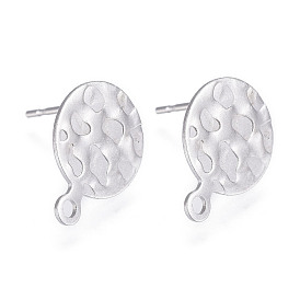 304 Stainless Steel Stud Earring Findings, with Loop, Textured, Matte Style, Flat Round