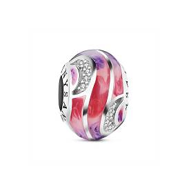 TINYSAND Pink Noble Love Rondelle 925 Sterling Silver European Beads, Large Hole Beads, with Cubic Zirconia and Enamel, 13.16x9.3x13.15mm, Hole: 4.7mm