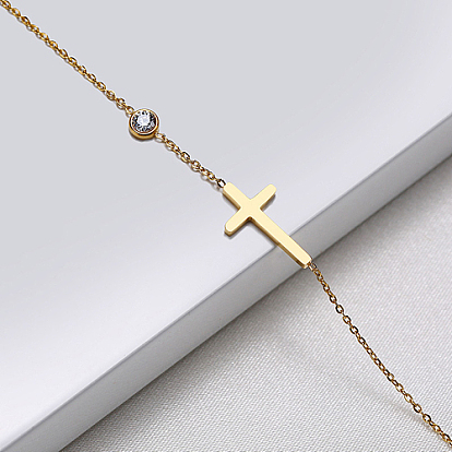 Stainless Steel Cross Pendant Necklace, with Cubic Zirconia
