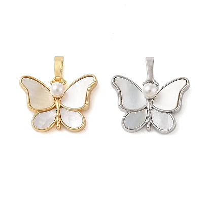Brass Pave Shell Pendants, Butterfly Charms with ABS Imitation Pearl & Snap on Bails