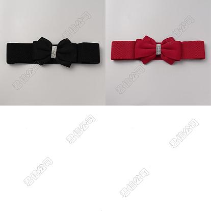 2Pcs 2 Colors Cloth Bowknot Sash Tie Elastic Chain Belt with Synthetic Rhinestone, Waist Band for Trench Coat Overcoats