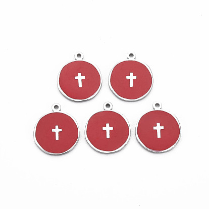 304 Stainless Steel Enamel Pendants, Stainless Steel Color, Flat Round with Cross
