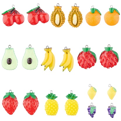 Resin Pendants, with Platinum Tone Iron Findings, Imitation Food, Mixed Shapes