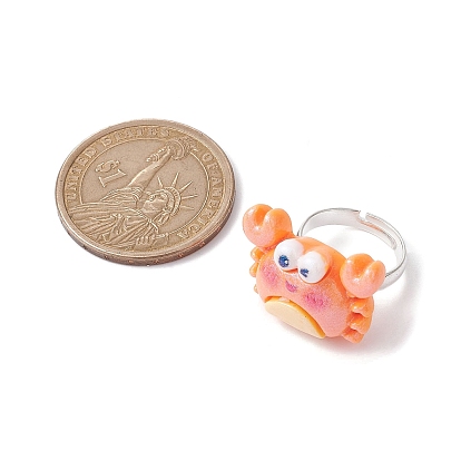 6Pcs 6 Style Sea Animal Theme Resin Adjustable Rings Set, Brass Stackable Rings, Sea Horse & Shell Shape & Crab & Dolphin