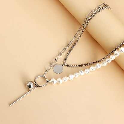 Baroque Pearl Necklace with Geometric Shapes and Long Rod Pendant Chain