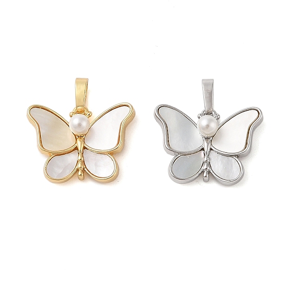 Brass Pave Shell Pendants, Butterfly Charms with ABS Imitation Pearl & Snap on Bails