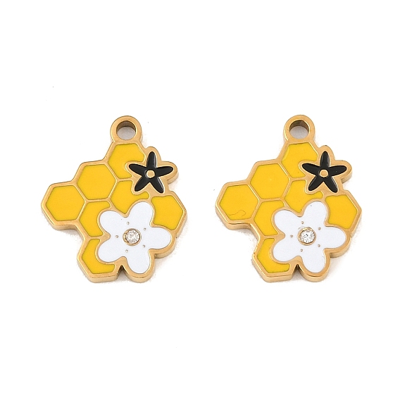 304 Stainless Steel Enamel Pendants, Honeycomb with Flower Charms, with Rhinestone, Ion Plating(IP)