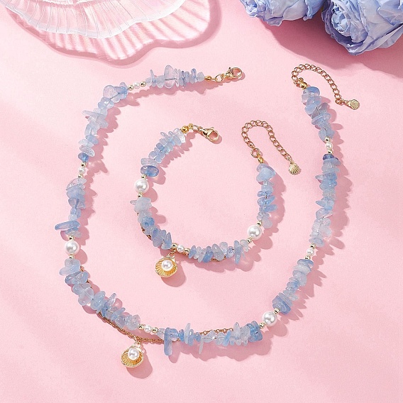 Комплекты ожерелий и браслетов из натуральных драгоценных камней, с немагнитным синтетическим гематитом и 304 подвеской в виде ракушки из нержавеющей стали