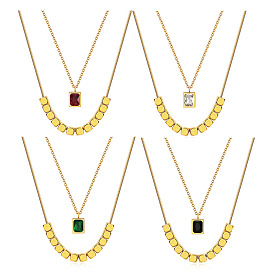 Stainless Steel Rhinestone Double Layer Necklaces, Rectangle