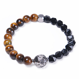 Natural Tiger Eye Stone Bracelet for Men with Stainless Steel Bangle and Beads