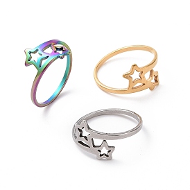 201 Stainless Steel Double Star Finger Ring, Hollow Wide Ring for Women