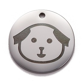 Pendentifs en acier inoxydable, polissage manuel, plat rond avec un chien