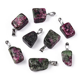 Natural Ruby in Zoisite Pendants, Nuggets Charms with Stainless Steel Color Plated Stainless Steel Snap On Bails, Dyed & Heated