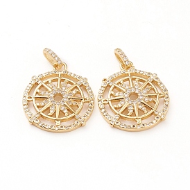 Brass Micro Pave Clear Cubic Zirconia Pendants, Long-Lasting Plated, Flat Round with Compass