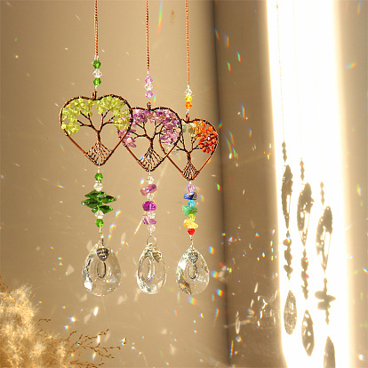 Gemstone Chip Wrapped Heart with Tree of Life Hanging Ornaments, Glass Teardrop Tassel Suncatchers for Home Outdoor Decoration