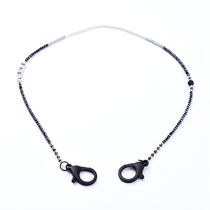 Artículos personalizados de doble uso, collares de cuentas o cadenas para anteojos, con cuentas de roca de lava natural, Abalorios de acrílico, cuentas de latón y cierres de langosta de plástico, la palabra amor