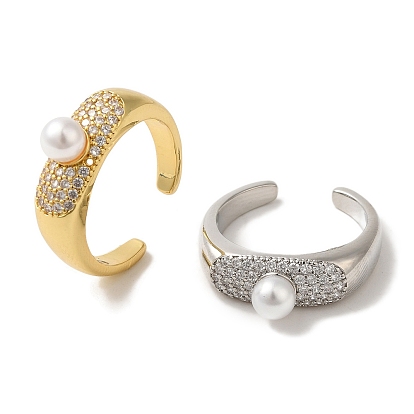 Кольца-манжеты из латуни с микро-паве и прозрачным циркониевым покрытием для женщин, с круглой жемчужиной из АБС-пластика, без кадмия и без свинца, долговечный