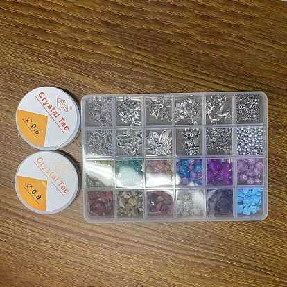 Kit de fabrication de boucles d'oreilles bricolage, y compris les perles de copeaux de pierres précieuses, perles de verre craquelées et rocailles, oreille crochet, écrou d'oreille, pendentif, les perles d'entretoise, épingle à tête, anneau de saut, fil élastique