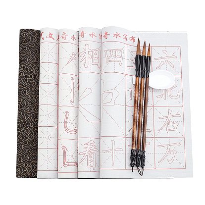 Writing Tool, with Gridded Magic Cloth Water-Writing, Spoon Shape Ink Tray Containers and Chinese Calligraphy Brushes Pen