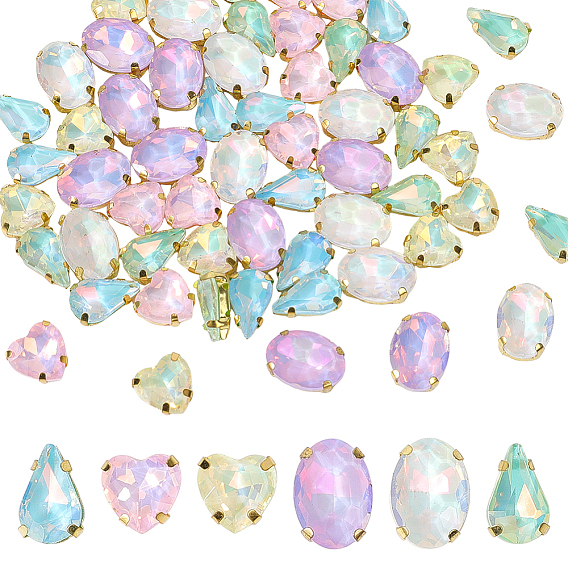 60 шт. 6 стили пришивные стразы из цинкового сплава, сердце, овал и капля, граненые