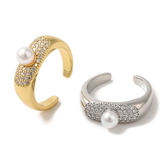Кольца-манжеты из латуни с микро-паве и прозрачным циркониевым покрытием для женщин, с круглой жемчужиной из АБС-пластика, без кадмия и без свинца, долговечный