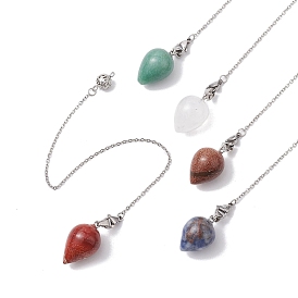 Natural & Synthetic Mixed Gemstone Pointed Dowsing Pendulums, with 304 Stainless Steel Cable Chains, Teardop & Cone