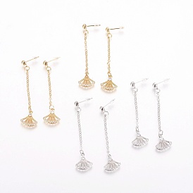 Brass Cubic Zirconia Stud Earrings, with Cable Chains, Fan Shape