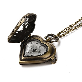 Alloy Glass Pendant Pocket Necklace, Electronic Watches, with Iron Chains and Lobster Claw Clasps, Heart