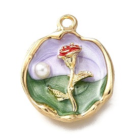 Подвески из эмали и сплава, с ABS имитации жемчуга, плоские круглые с цветком, стойки покрытие, долговечный, без свинца, без кадмии и без никеля, золотые