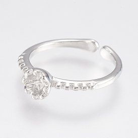 Adjustable Brass Cuff Rings, Open Rings Components, with Cubic Zirconia, Flower