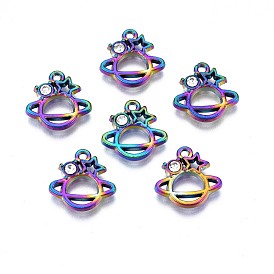 Rack Plating Rainbow Color Alloy Charms, with Crystal Rhinestone, Cadmium Free & Nickel Free & Lead Free, Planet