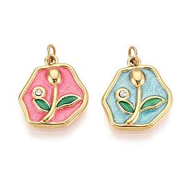 304 подвески из нержавеющей стали с хрустальными стразами и эмалью, самородки и цветы, с целью перехода в кольце, ионное покрытие (ip), реальный 18 k позолоченный