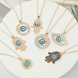 Vintage Fatima Hand Blue Eye Pendant Necklace with Metal Hollow Out Evil Eye Collarbone Chain for Women