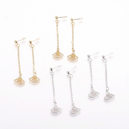 Brass Cubic Zirconia Stud Earrings, with Cable Chains, Fan Shape