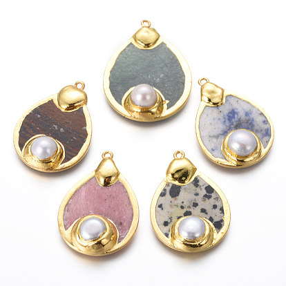 Natural Mixed Stone Pendants, with Natural Cultured Freshwater Pearl and Brass Findings, Drop