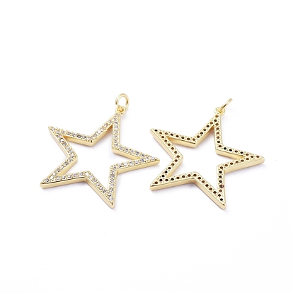 Brass Micro Pave Cubic Zirconia Pendants, with Jump Rings, Long-Lasting Plated, Star