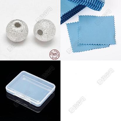 50pcs perles rondes texturées en argent sterling, avec 925 tissu en daim pc chiffon de polissage argenté carré
