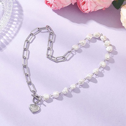 201 подвеска в форме сердца из нержавеющей стали, 304 цепочка из нержавеющей стали со скрепками и гальваническим покрытием из ракушечных жемчужин, цепочка из звеньев, белые