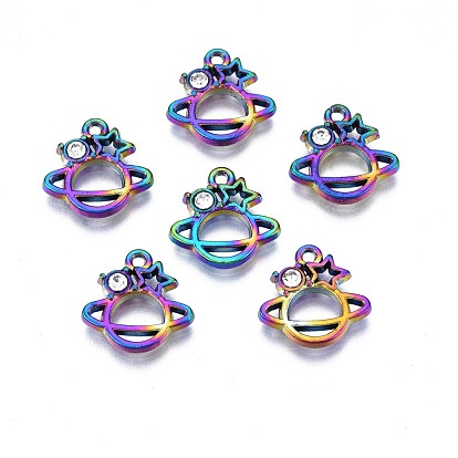 Rack Plating Rainbow Color Alloy Charms, with Crystal Rhinestone, Cadmium Free & Nickel Free & Lead Free, Planet