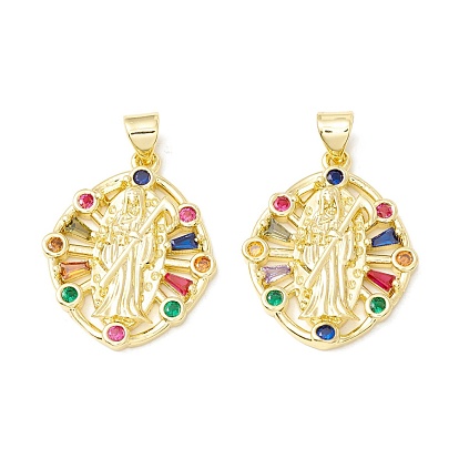Rack Plating Brass Micro Pave Cubic Zirconia Pendants, Real 18K Gold Plated, Long-Lasting Plated, Oval with Death