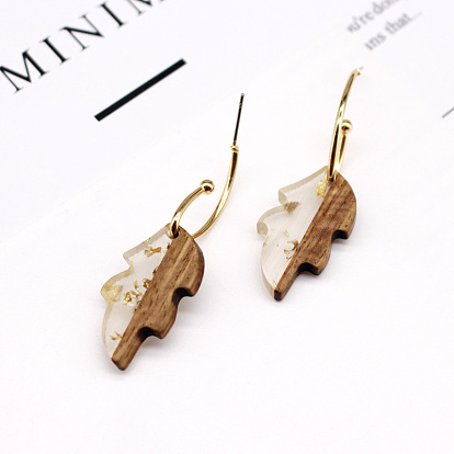 Minimalist Wood and Resin Leaf Earrings with Gold Foil Hooks