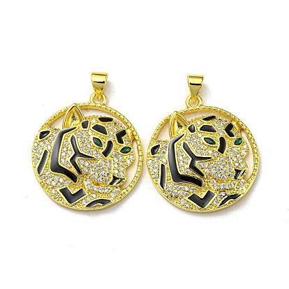 Real 18K Gold Plated Brass Pendants, Cadmium Free & Nickel Free & Lead Free, with Cubic Zirconia and Enamel, Flat Round with Leopard Charms