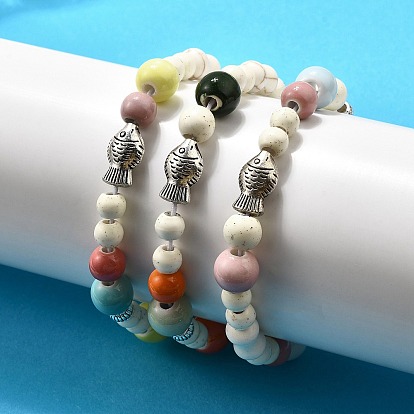 Фарфоровые бусины и синтетические бусины говлита эластичные браслеты для женщин, с подвеской в виде рыбки из сплава и синтетической морской звезды из говлита