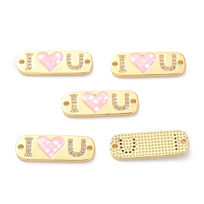 Brass Micro Pave Clear Cubic Zirconia Pendants, Shell Filled in Enamel, Long-Lasting Plated, Rectangle with Word Love, Pink