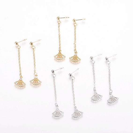 Brass Cubic Zirconia Stud Earrings, with Cable Chains, Fan Shape