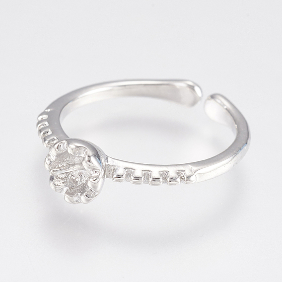 Adjustable Brass Cuff Rings, Open Rings Components, with Cubic Zirconia, Flower