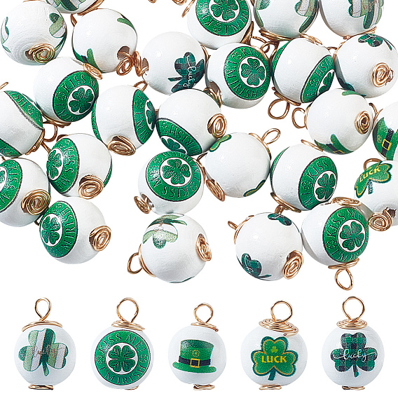30 шт. деревянные подвески с принтом ко Дню Святого Патрика, Подвески из медной проволоки золотистого цвета, обернутые вокруг