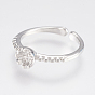 Adjustable Brass Cuff Rings, Open Rings Components, with Cubic Zirconia, Flower