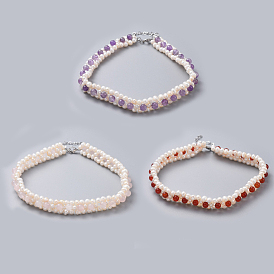 Natural Freshwater Pearl Necklaces, with Gemstone Beads, 304 Stainless Steel Findings and Kraft Paper Cardboard Jewelry Boxes